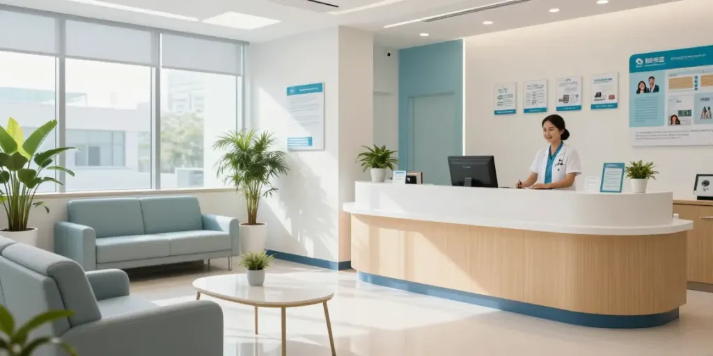 Link slot in a modern healthcare clinic reception area with patient care elements.
