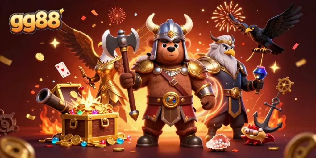 Engage in exciting gambling thrills with the gg88 online casino illustrated by a vibrant 3D scene.