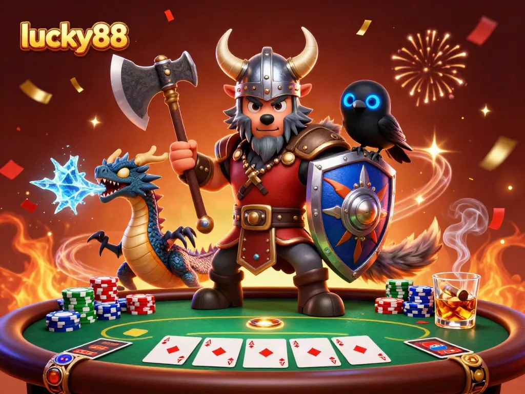Experience the thrill of lucky88 with a Viking wolf and dragon amid dynamic poker action.