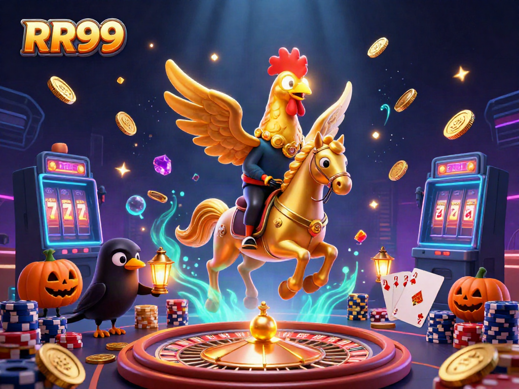 Experience thrilling casino action with RR99 as golden coins cascade amidst a vibrant gaming scene.