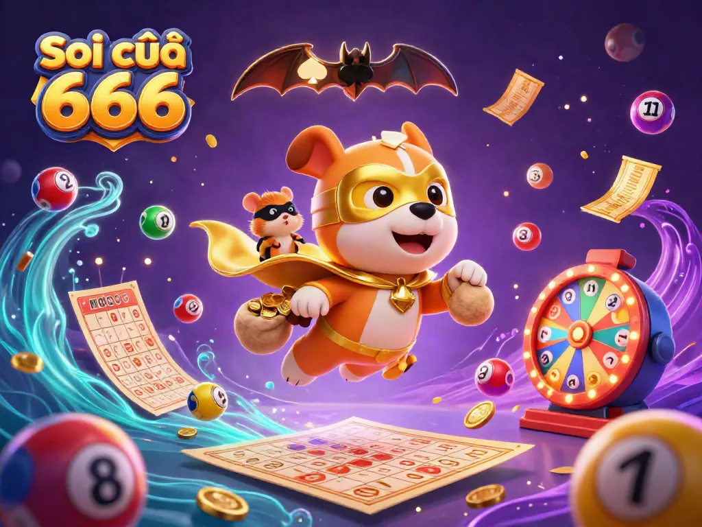 Experience lottery excitement with Soi cầu 666 featuring a superhero dog and colorful balls.