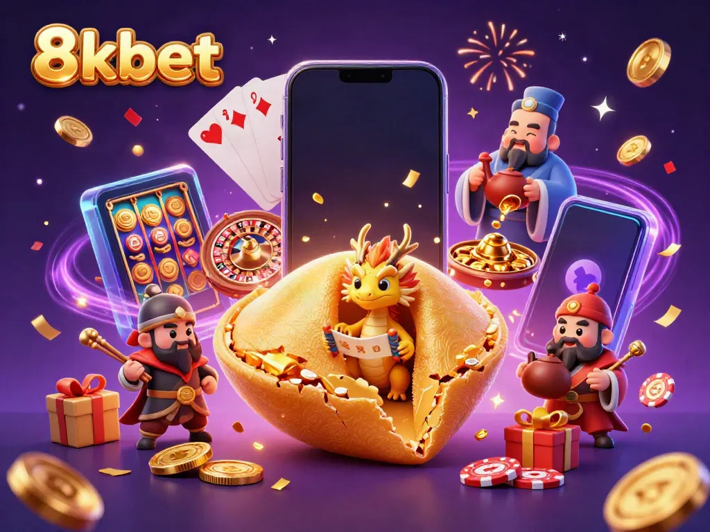 Engage with 8kbet's vibrant casino scene featuring a golden fortune cookie and dynamic game elements.