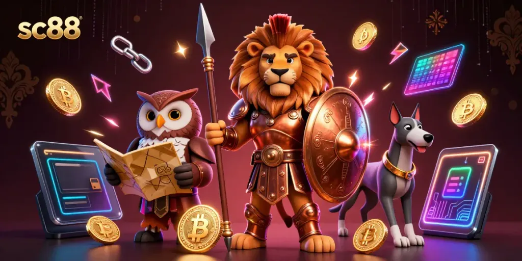 Engage with sc88's exhilarating gaming universe featuring a Spartan lion in armor.