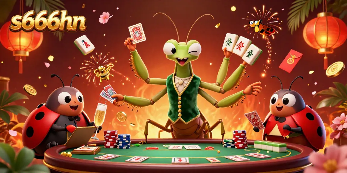 Engage with the vibrant scene of s666hn featuring a giant praying mantis card sharp among lively casino elements.
