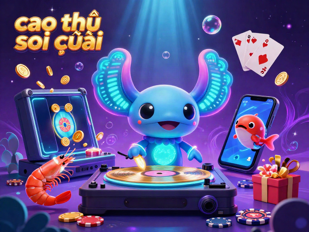 Cao thủ soi cầu illustration with vibrant axolotl DJ and slot games in a glowing underwater scene.