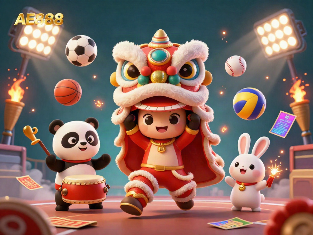 Celebrate AE888's thrilling sports betting with a vibrant lion dance and dynamic game elements.