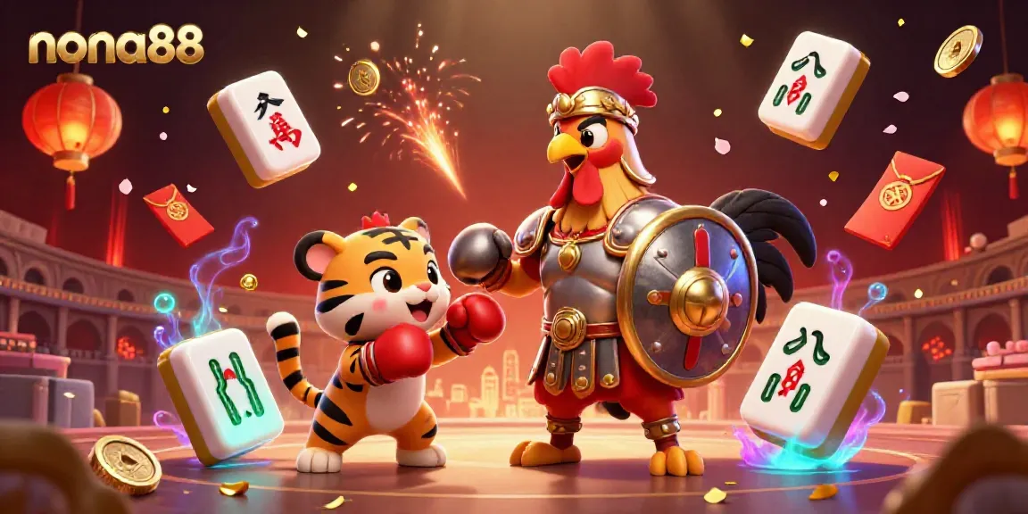 Engage with nona88's vibrant casino world through a colorful 3D illustration showcasing captivating characters and festive gaming elements.