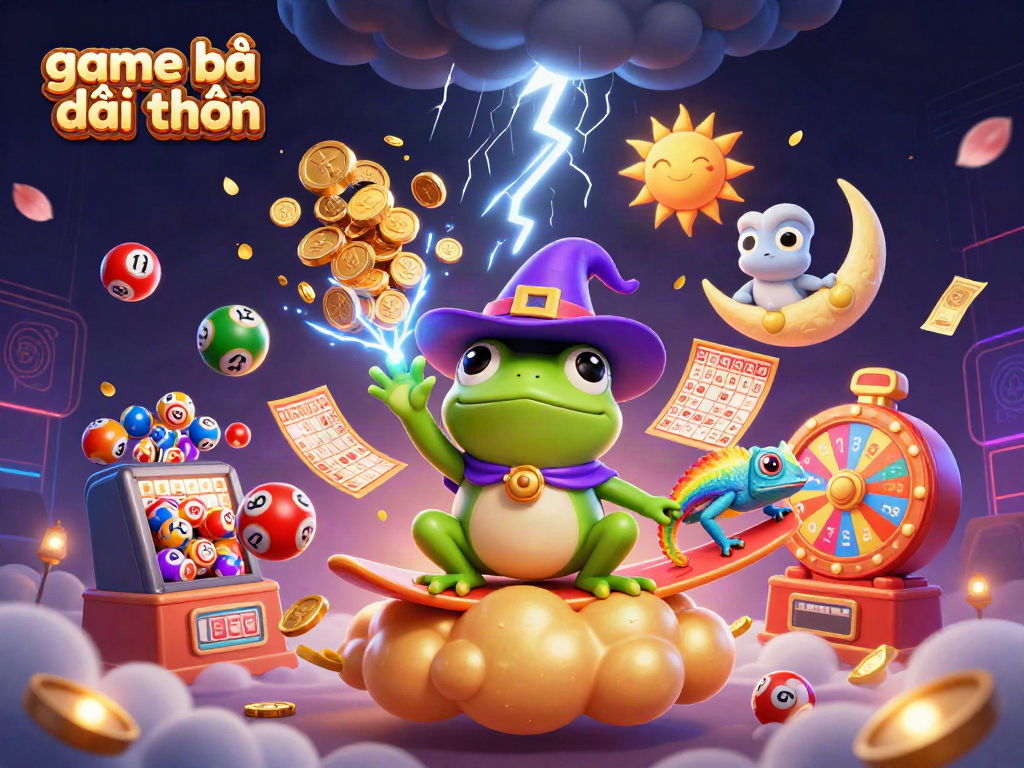 Engage in thrilling game bài đổi thưởng as a wizard frog conjures coins amidst vibrant lottery balls and golden prizes.