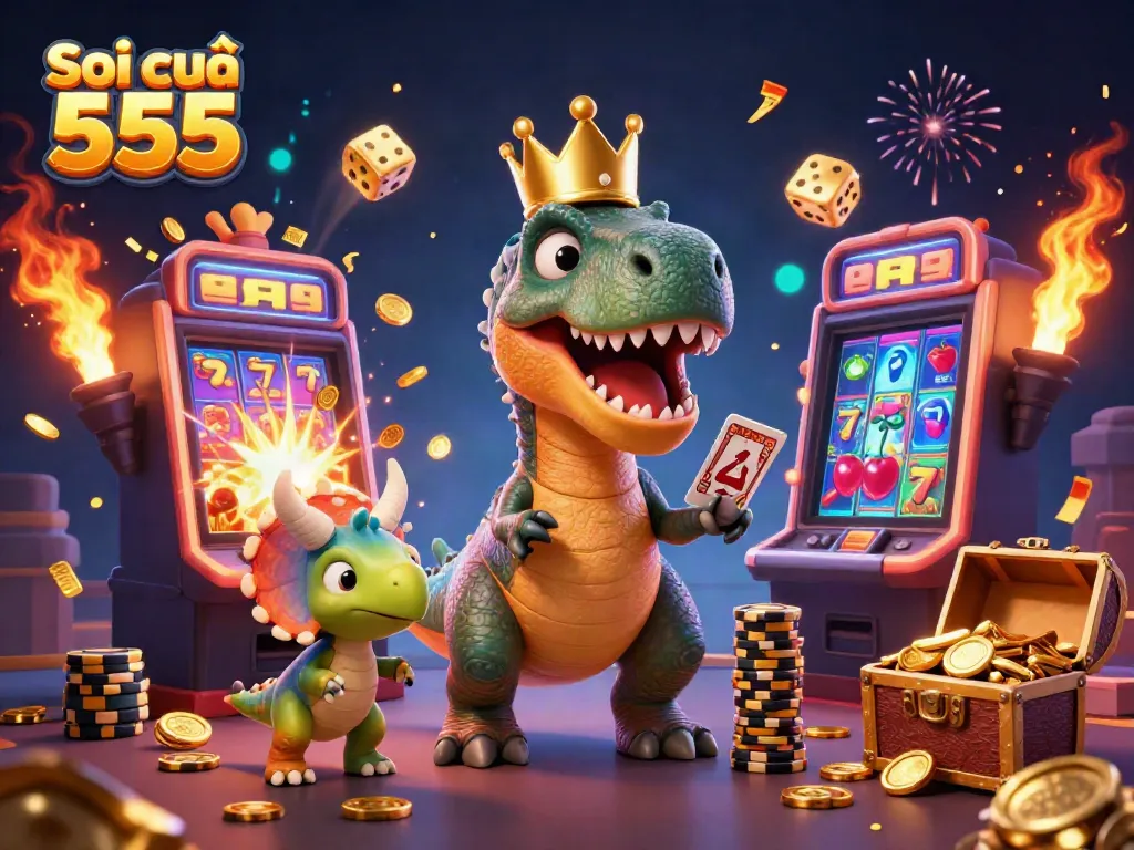 Soi cầu 555 showcases a lively scene with a T-Rex and friends enjoying a vibrant casino atmosphere.