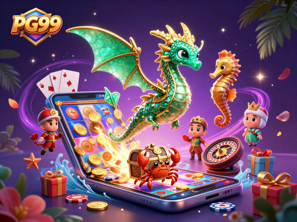 Engage with PG99's vibrant casino world featuring a seahorse and a treasure chest in 3D.