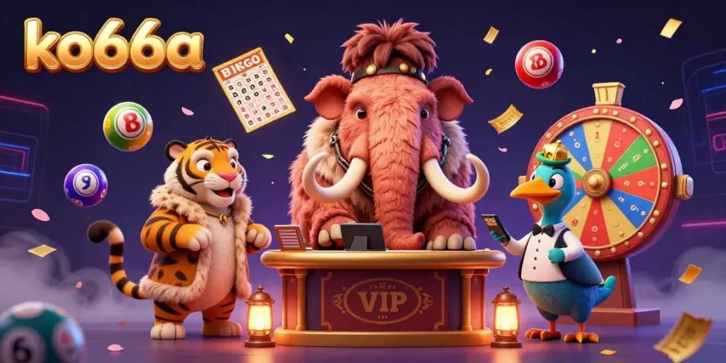 Experience the vibrant world of ko66a through a fun, animated casino scene featuring a mammoth bouncer and colorful lottery elements.