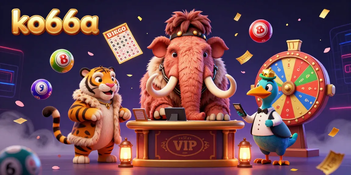 Experience the vibrant world of ko66a through a fun, animated casino scene featuring a mammoth bouncer and colorful lottery elements.