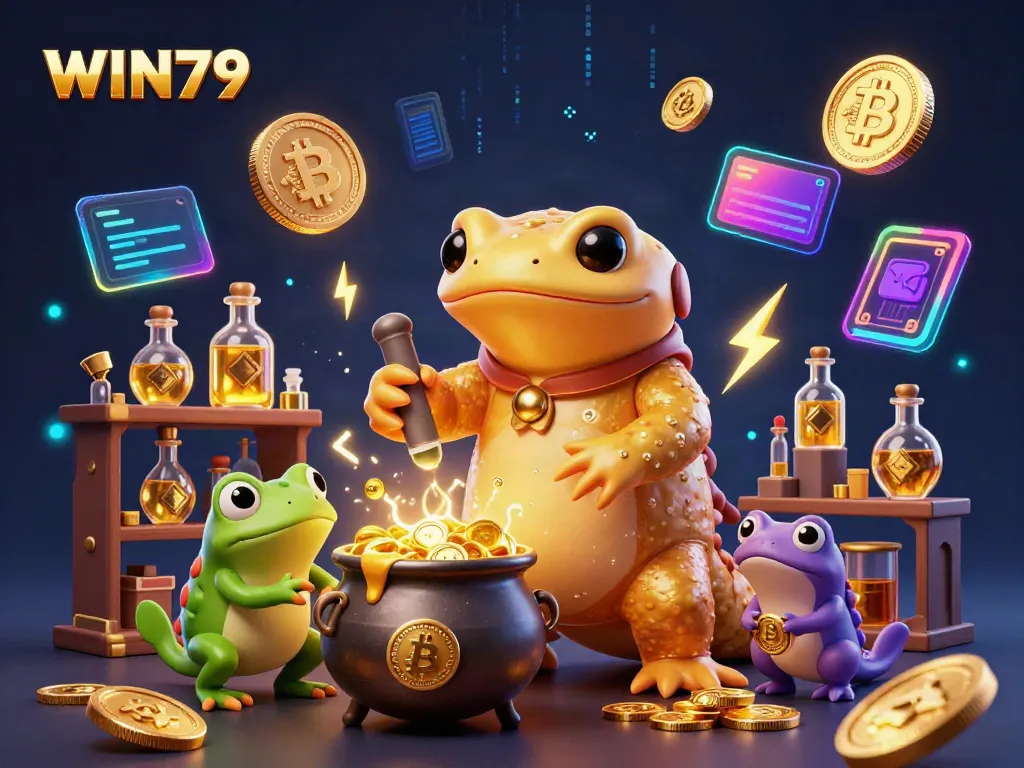 Engage in WIN79 with a vibrant illustration of a golden salamander alchemist and fantasy elements.