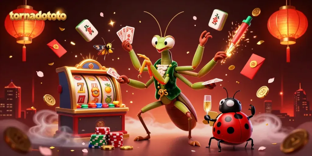 Experience the thrill of tornadototo with a giant mantis dealer, ladybug pit boss, and exciting casino elements.