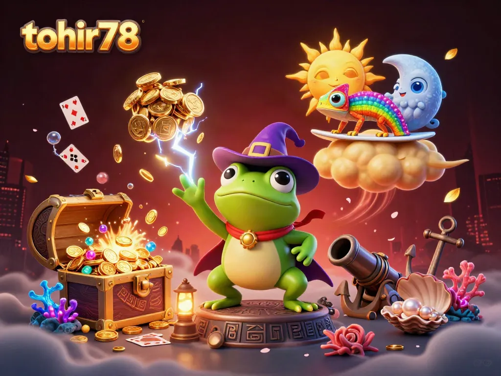 Experience jackpot excitement with tohir78 featuring a weather wizard frog and vibrant casino elements.