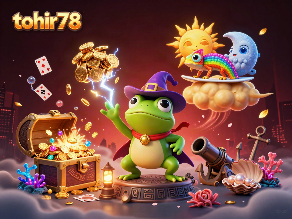 Experience jackpot excitement with tohir78 featuring a weather wizard frog and vibrant casino elements.