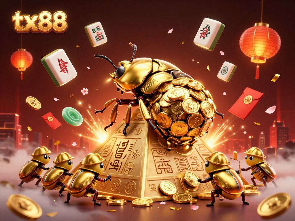 Join the fun in tx88 with a golden beetle rolling coins in a vibrant casino scene.