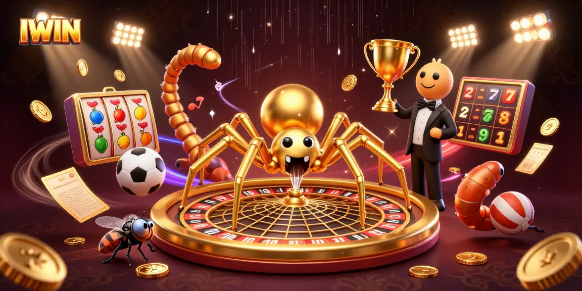 Bet on IWIN with vibrant 3D gambling elements, showcasing a spider web roulette and animated games.