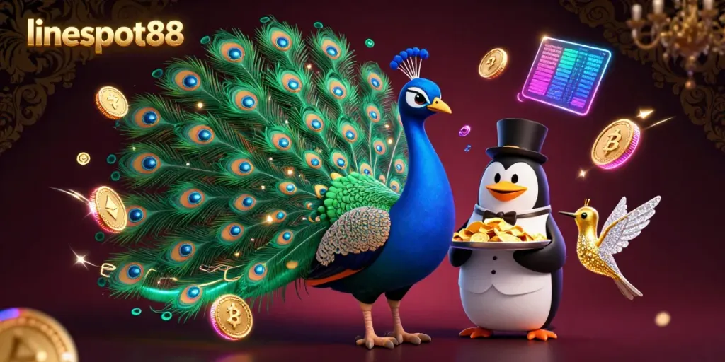 Engage with lineslot88's slot games through a captivating illustration showcasing a peacock, penguin, and hummingbird amidst vibrant casino elements.