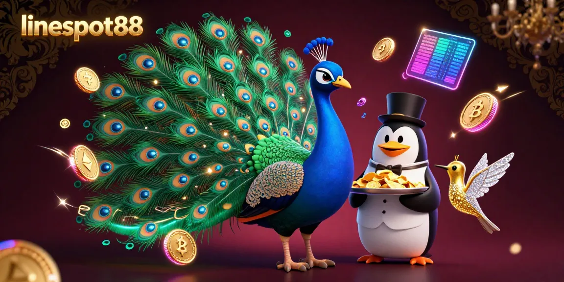 Engage with lineslot88's slot games through a captivating illustration showcasing a peacock, penguin, and hummingbird amidst vibrant casino elements.