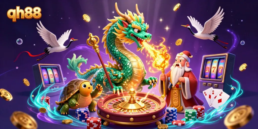 Experience thrilling gameplay at qh88 with a lively 3D illustration of casino elements and vibrant dragon.