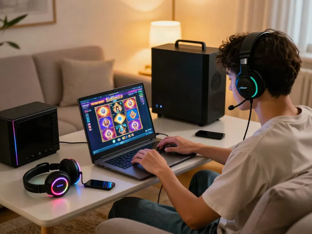 Player enjoying slot Thailand games on a laptop in a cozy living room.