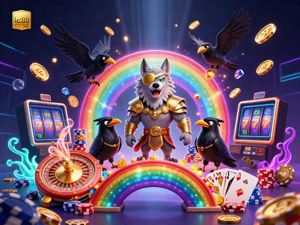 Experience the thrill of lc88 with a vibrant 3D illustration featuring an Odin wolf, golden casino chips, and sparkling gems.