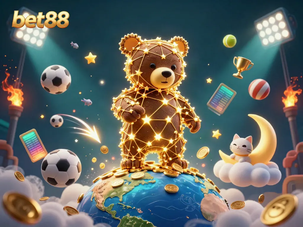 Experience excitement betting at bet88 with a whimsical 3D scene of a constellation bear and sports elements.