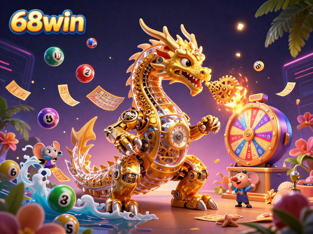 Engage with 68win's vibrant lottery scene featuring a golden dragon and colorful elements.