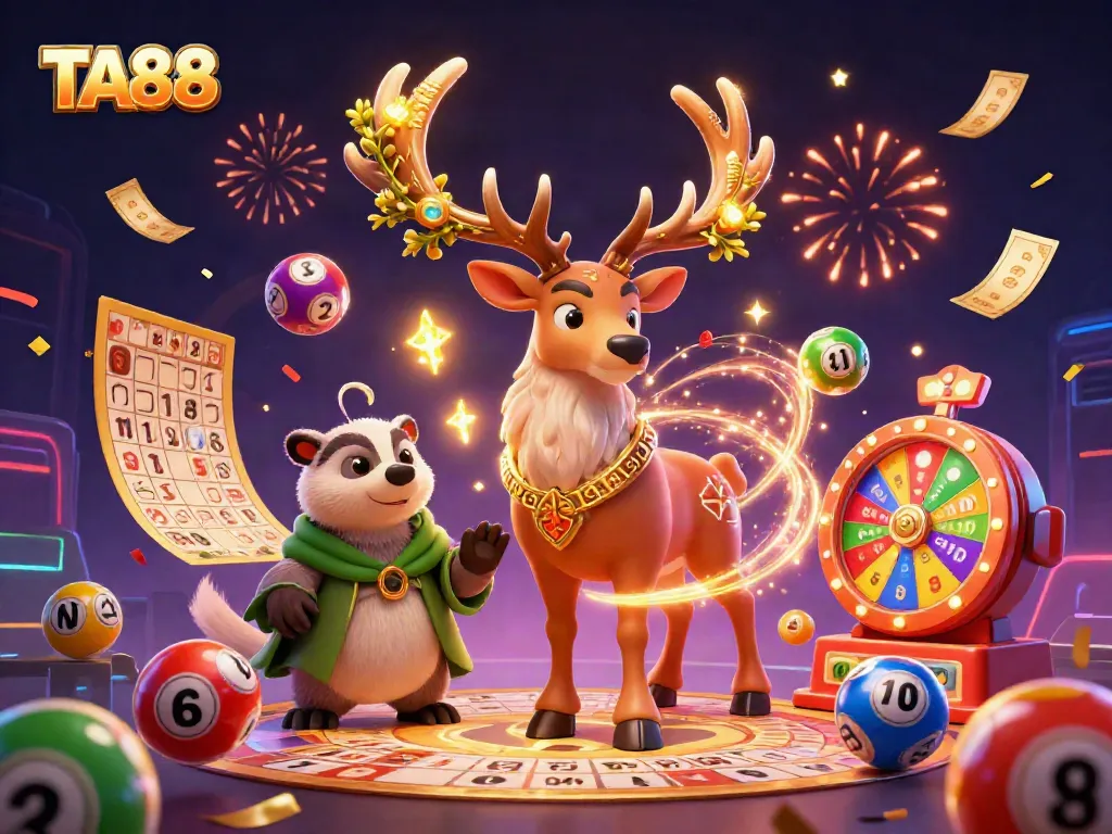 Experience thrilling games with TA88's dynamic lottery and prize elements in a vibrant 3D scene.