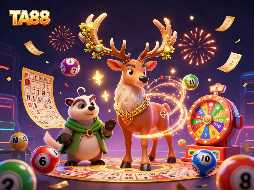 Experience thrilling games with TA88's dynamic lottery and prize elements in a vibrant 3D scene.