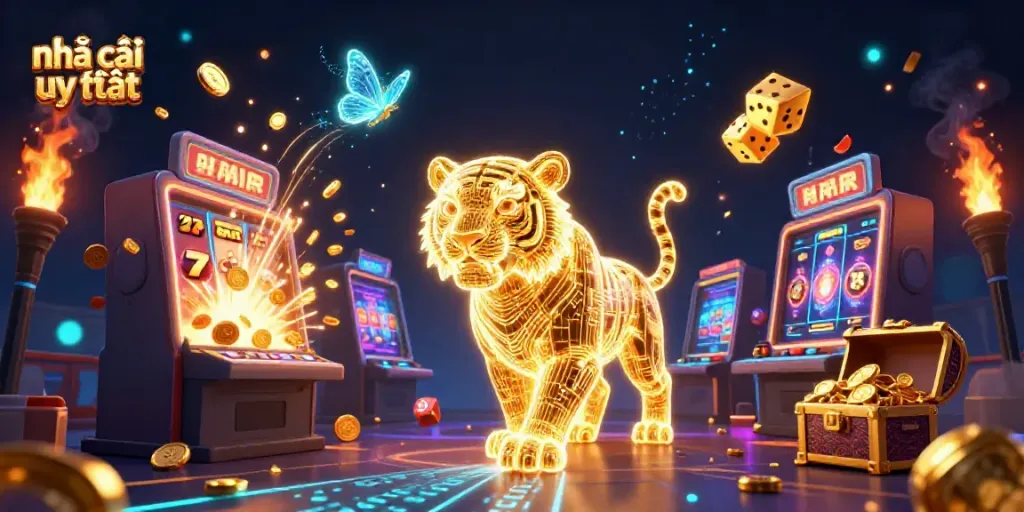 Engage with the vibrant world of nhà cái uy tín, where a golden tiger and holographic butterflies animate a dynamic casino landscape.