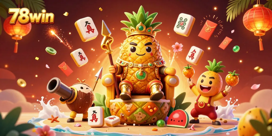 Engage with the vibrant 78win beach casino scene featuring a golden pineapple king and dynamic gaming elements.