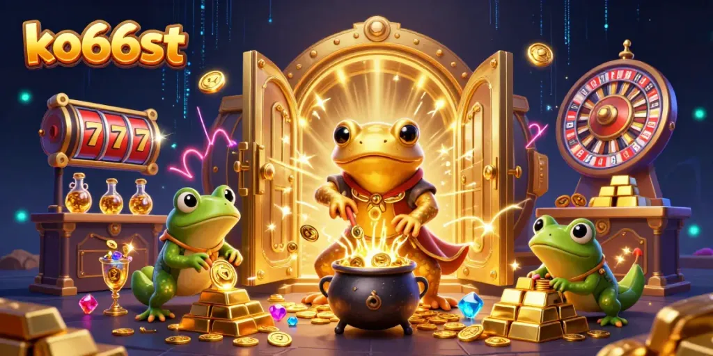 Experience the vibrant thrill of ko66st with a whimsical 3D casino scene filled with gold coins and dynamic game elements.