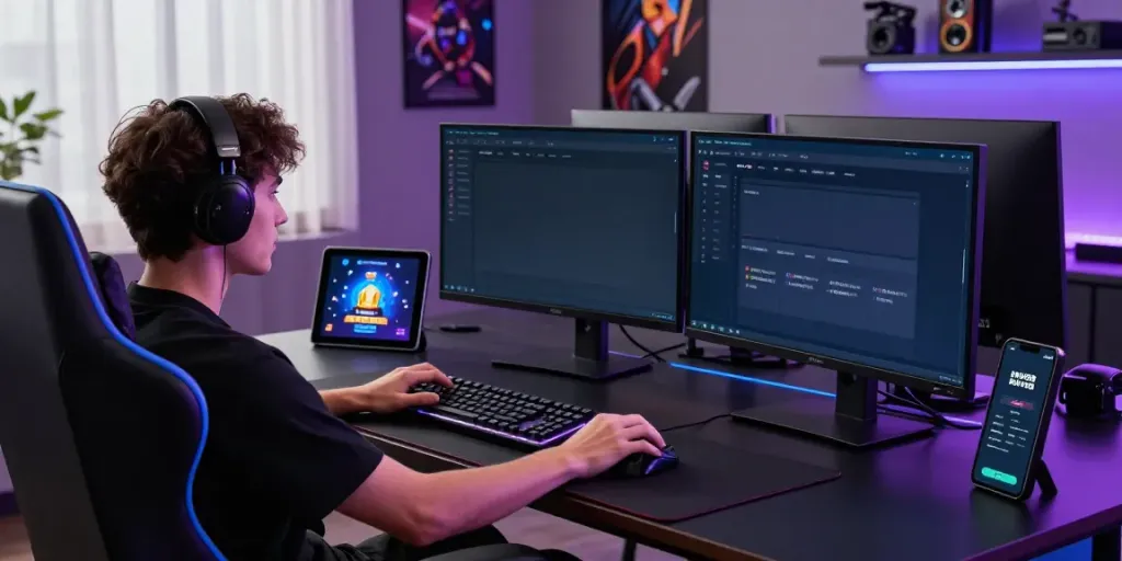 Davo 88 gaming room setup showcasing online togel gameplay with vibrant digital interfaces.