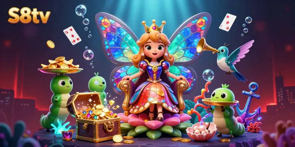 S8tv butterfly queen in an enchanting casino scene with treasure and vibrant gameplay elements.