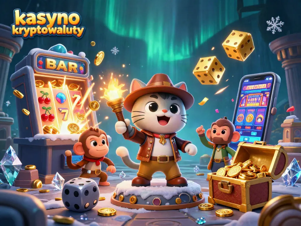 Experience excitement at kasyno kryptowaluty with animated characters amidst dynamic casino elements and effects.