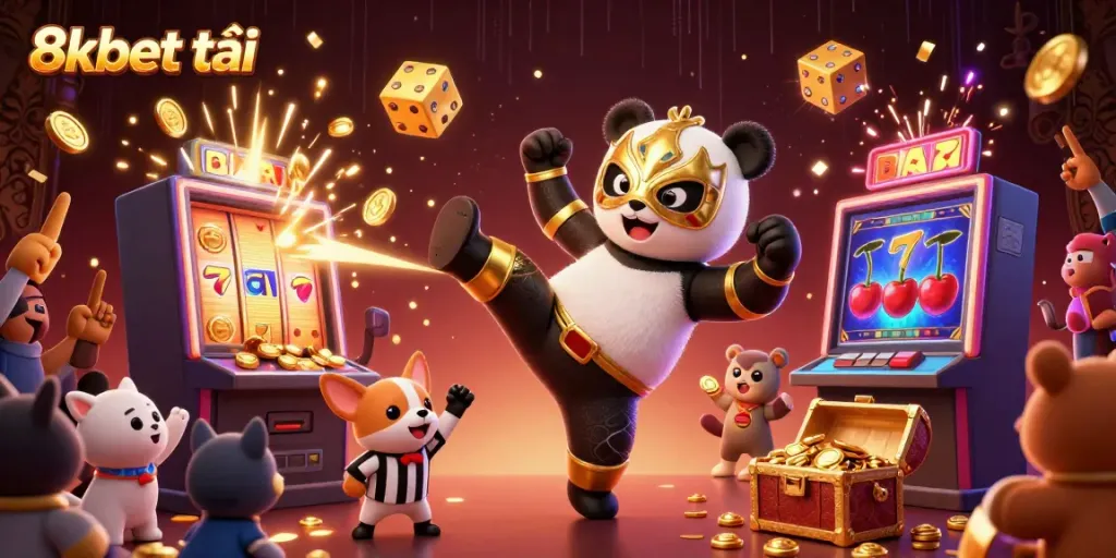 Experience excitement with 8xbet tải, as a panda wrestler kicks in an action-packed casino scene.