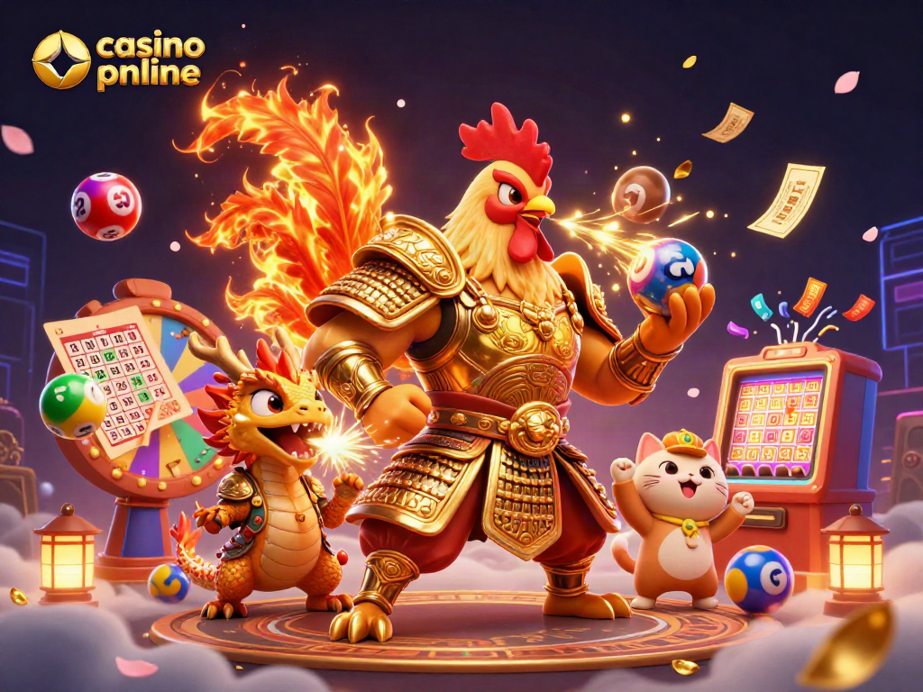 Engage in thrilling gaming at casino online polska with a vibrant scene of a rooster warrior, dragon, and festive elements.