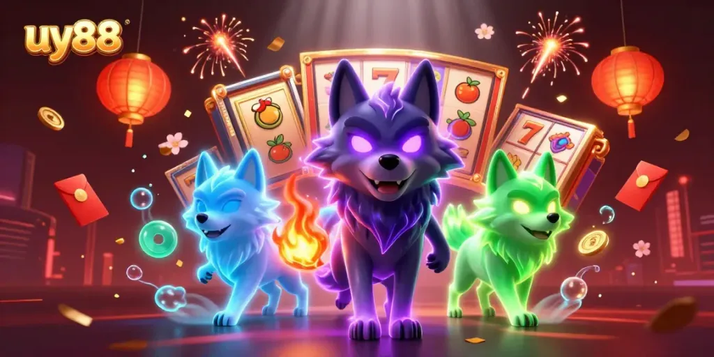 Experience thrilling gaming action with uy88's dynamic casino illustration featuring vibrant characters and elements.