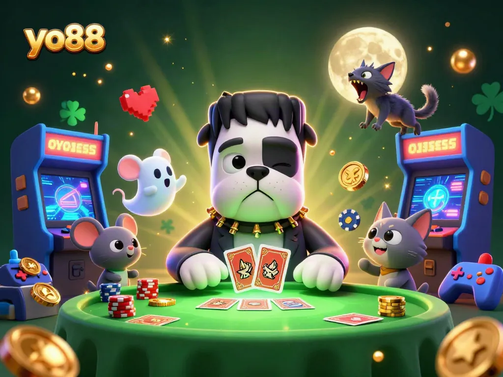 Engage in the fun at yo88's spooky card table with Frankenstein bulldog and werewolf kitten companions.