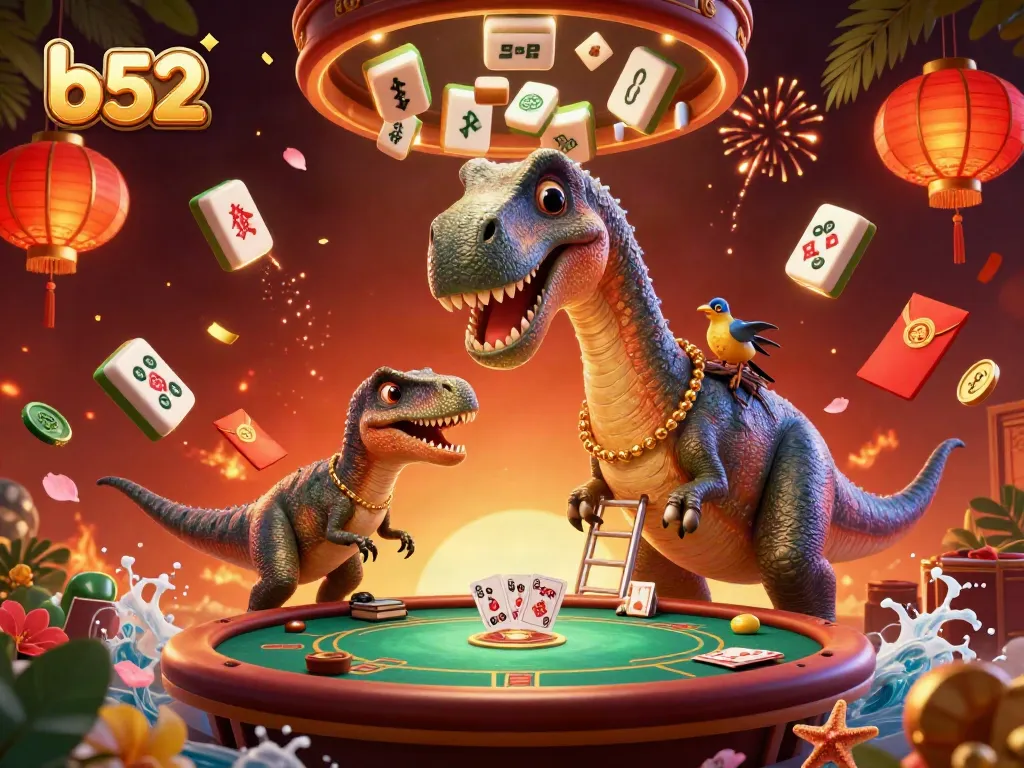 Play at b52 casino with a giant brontosaurus overseeing a vibrant poker game scene.