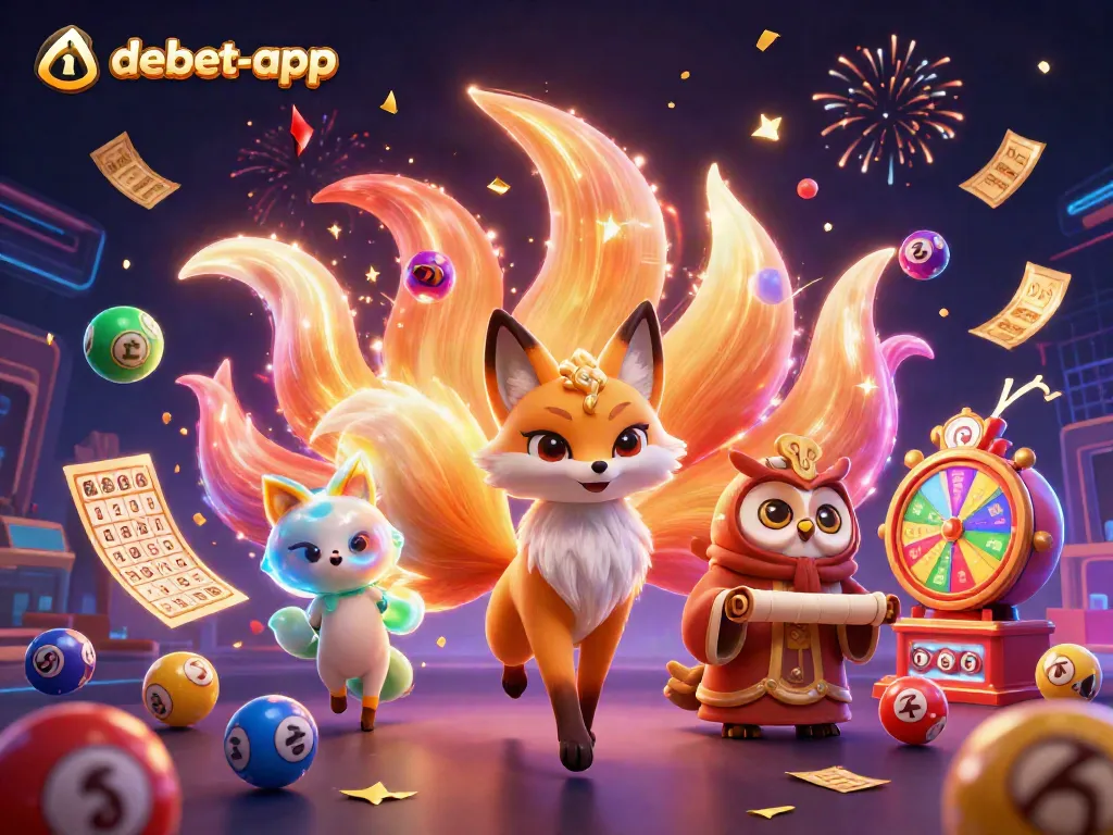 Engage with the vibrant debet-app in a colorful lottery-themed illustration featuring exciting gambling elements.