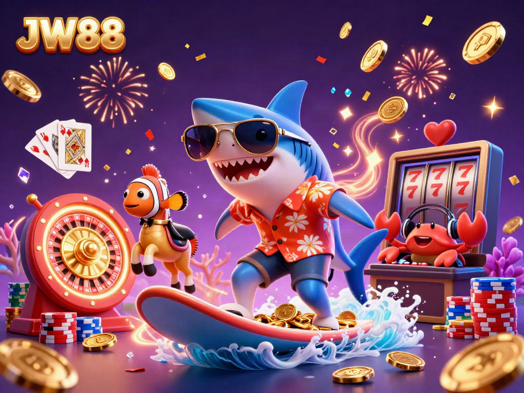Experience the thrill of JW88 casino with a vibrant 3D scene of a shark, clownfish, and crab celebrating amidst coins and game elements.