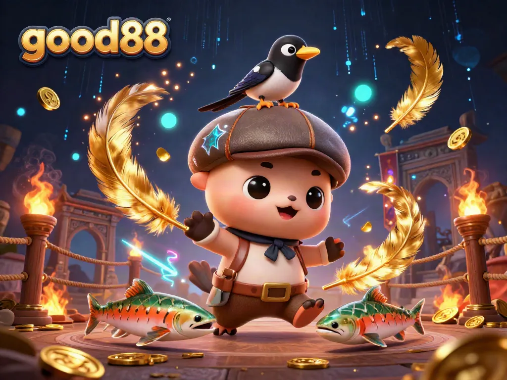 Engage with good88 in an exhilarating 3D scene featuring dynamic casino elements and playful characters.