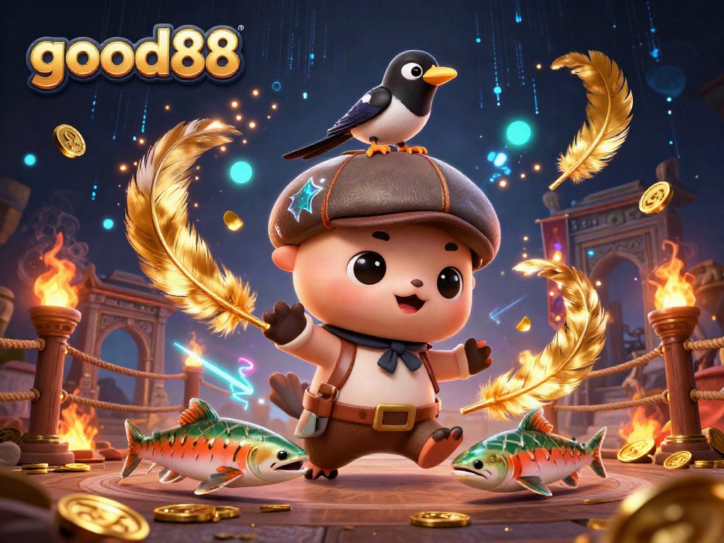 Engage with good88 in an exhilarating 3D scene featuring dynamic casino elements and playful characters.