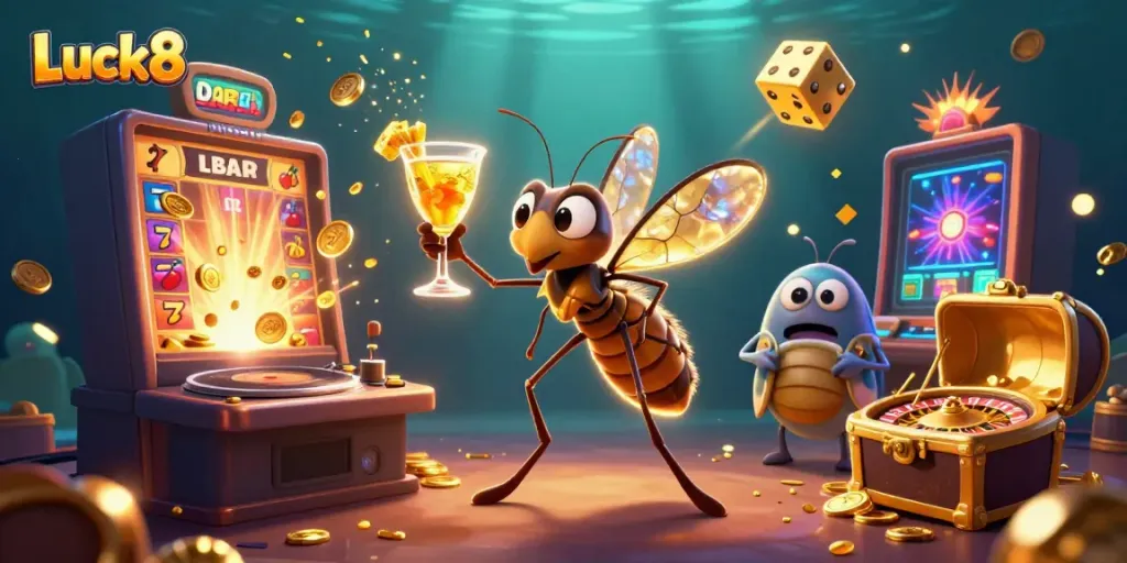 Luck8 captures the excitement of gaming with vibrant casino elements and cartoon characters.
