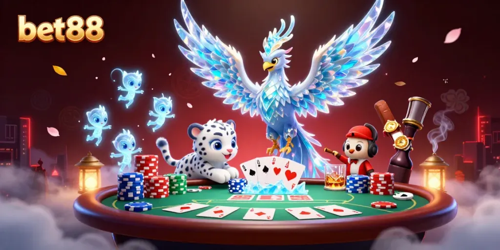 Engage in thrilling gameplay with bet88, featuring a lively ice phoenix and poker elements.