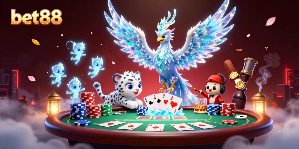 Engage in thrilling gameplay with bet88, featuring a lively ice phoenix and poker elements.