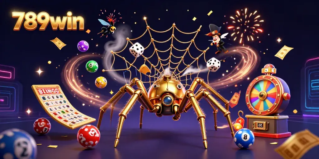 Engage with thrilling activities at 789win featuring colorful lottery balls and a steampunk spider web.